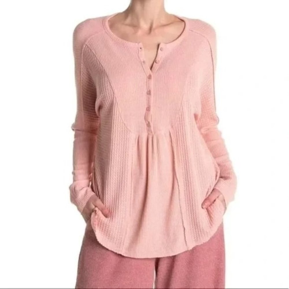 New Gibson Look Small Blush Pink Dolman Mixed Rib Waffle Knit Henley Top NWT